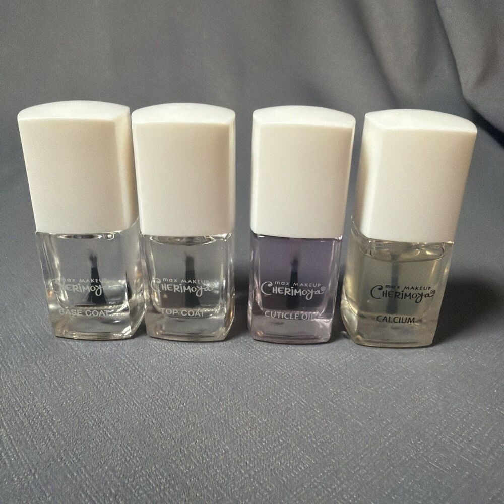 Max Makeup Cherimoya 4-Piece Set Cuticle Oil, Base Coat, Top Coat, Calcium -M